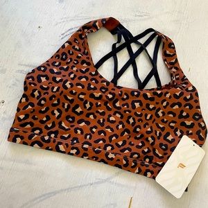 Fabletics Kessler medium-impact sports bra, strappy back, cheetah print, L, NWT